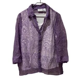 Alfred Dunner size 12 Womens Purple Lace Overlay Button Front Shirt Top